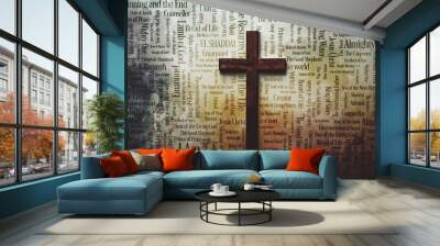 Wooded cross with Jesus names and atributes on a old paper Wall mural