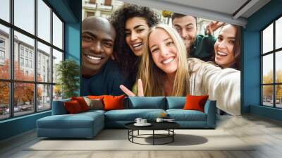 multiracial group of young people taking selfie Wall mural