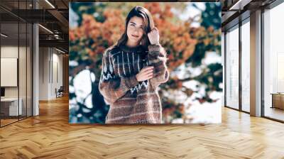 Young woman enjoying the snowy mountains in winter Wall mural