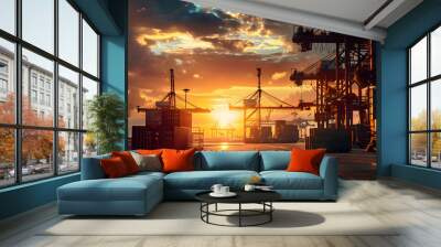 A bustling shipping port at sunset, with cargo cranes and containers bathed in golden light. Wall mural