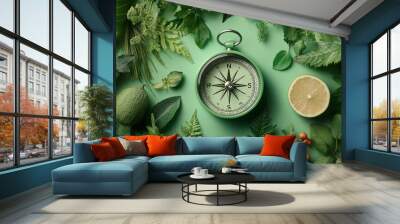 A serene arrangement of tropical leaves and a compass highlighting nature's guidance and exploration on a soft green surface. Wall mural