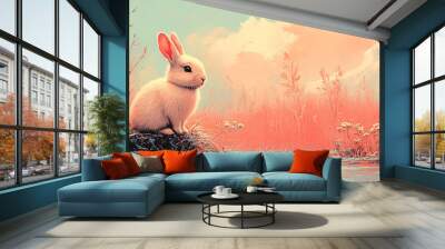 A serene scene of a rabbit by a tranquil water body, surrounded by soft grass and a pastel-colored sky, evoking peace and nature. Wall mural