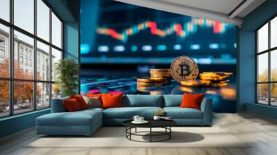 Bitcoin coins stacked on a reflective surface with a trading chart backdrop. Wall mural