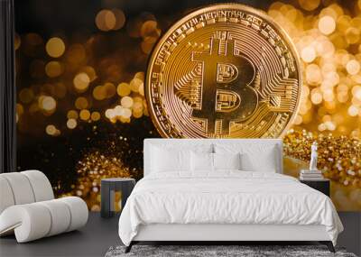 Bitcoin golden coins on a black background, Wall mural