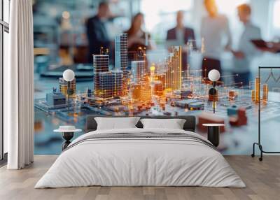 Business professionals planning a digital smart city model with futuristic technology Wall mural