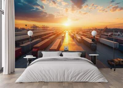 Busy logistics hub with trucks and containers at sunrise Wall mural