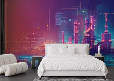 Futuristic Concept of oil and gas industry. background with hologram of factory. Wall mural