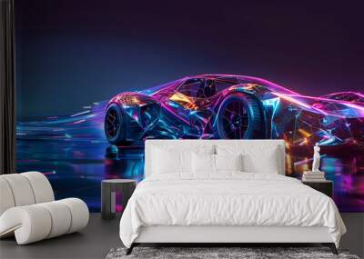 Futuristic sports car with neon lights and a shimmering reflection. Wall mural