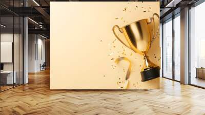 Golden trophy with confetti on a light background. Wall mural