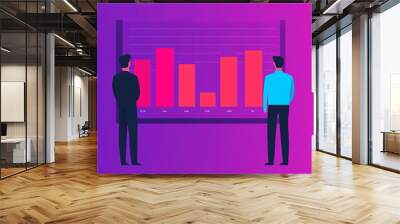 Two professionals analyzing colorful bar graphs on a purple background, showcasing data-driven decision making. Wall mural