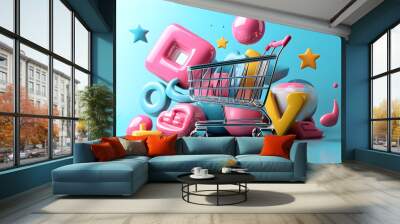 Vibrant shopping cart surrounded by colorful geometric shapes and symbols on a blue background. Wall mural