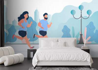 A fat girl and a guy are running around the park. Running fat woman and man on the street. The concept of losing weight and a healthy lifestyle. Vector. Wall mural