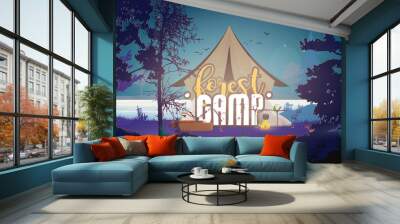 Banner of the forest camp. Tent in the night forest. Forest, bonfire, logs, ax, tent, river, trees. Vector illustration. Wall mural