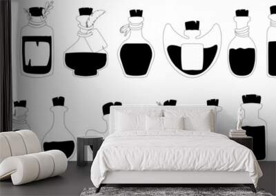 Black icons of potion, elixir, witchcraft liquid. Jars for witchcraft. Vector illustration on a white background. Wall mural