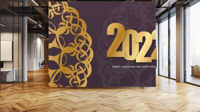 Festive Brochure 2022 Merry Christmas and Happy New Year burgundy color with vintage gold ornament Wall mural