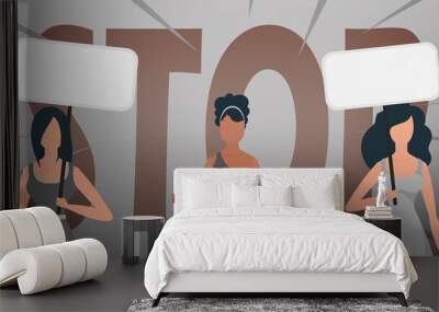 Girls protesting with a banner against the background of the word STOP. Protest concept. Vector illustration. Wall mural