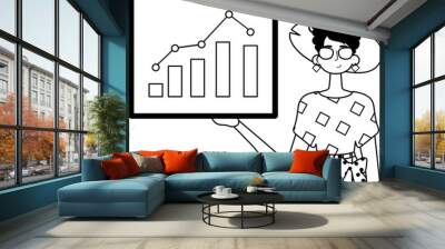 The female child holds a graph of addition with cocksure moral propel . blacken and white analogue stylus. Trendy style, Vector Illustration Wall mural