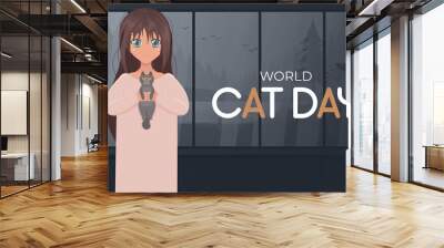 World cat day banner. Happy girl holding a cat in her arms. Cartoon anime style. Vector. Wall mural