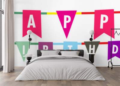 Happy Birthday Banner. Carnival garland with flags. Party multicolored buntings flags . Design template for birthday celebration Birthday party flags with confetti on white background. Wall mural