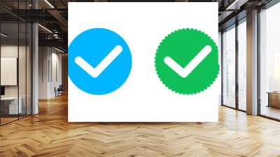 Verified badge icon tick symbol vector approved check mark icon. Blue green checkmark icons - Certificate badge Quality certify icon Wall mural