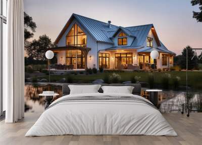 Beautiful modern farmhouse style luxury home exterior at twilight - ai generative Wall mural