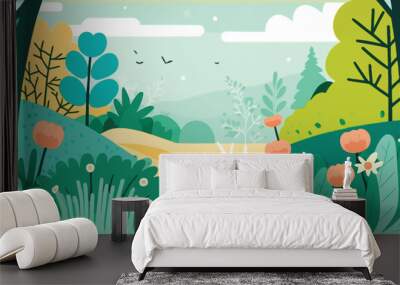 Vector illustration in trendy flat simple style - spring and summer background with copy space for text - landscape with plants, leaves, flowers - background for banner, greeting card, poster and adve Wall mural