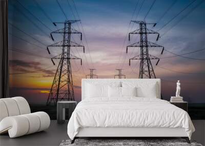 Frame High voltage electric towers at sunset, industrial landscape scene Wall mural