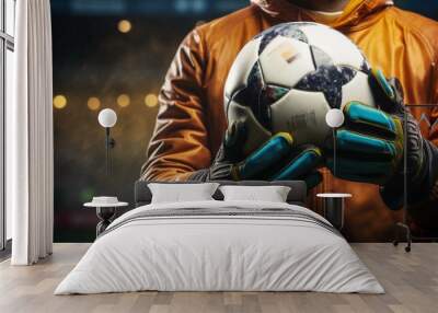 In close proximity, the goalkeeper clutches the soccer ball firmly Wall mural