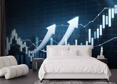 Stock market graph with upward arrows, blue palette enhances growth theme Wall mural