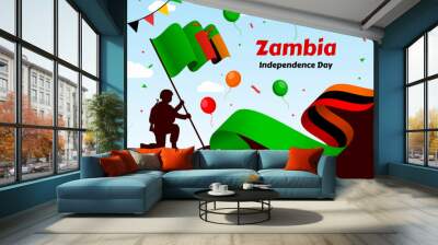 Zambia happy independence day greeting card, banner with template text vector illustration. Zambian memorial holiday 24th of October design element with 3D flag with stripes

 Wall mural