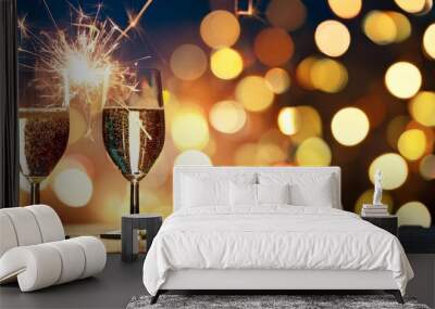 celebration with party drinks celebratory champagne glasses with sparklers and bokeh lights background Wall mural