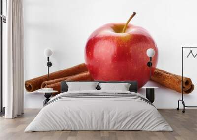 red ripe apple and aromatic cinnamon sticks on white background Wall mural