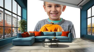 A boy holding pumpkin concept of Halloween Day, Generative AI Wall mural