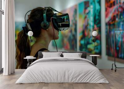 A young woman wearing a VR headset explores an art gallery exhibition of modern paintings and digital images, experiencing a virtual reality experience in a contemporary museum, Generative AI Wall mural