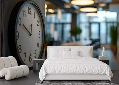 Close up of a wall clock on a modern office interior, with soft lighting and a blurred background showing a meeting room and window, Generative AI Wall mural