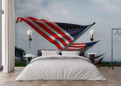 American flags waving in the wind along a country fence setting. Wall mural