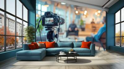 Photo of a video camera on a tripod capturing an interview with two men in casual attire sitting across from each other, set against the backdrop of a modern office space, Generative AI Wall mural