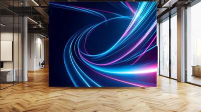  A vibrant, futuristic image showcasing intertwining neon lights in abstract waves of blue and pink set against a dark background, creating a dynamic and mesmerizing effect. Wall mural