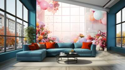 Bright room with large window decorated with balloons and flowers. Natural light. Holiday background. Copy space Wall mural