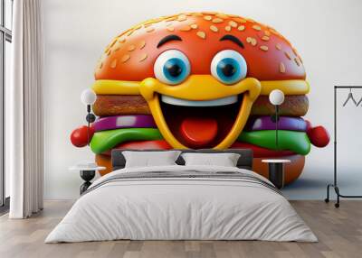 A colorful cartoon hamburger with a cheerful expression, sitting against a plain background, ready to delight anyone who sees it Wall mural