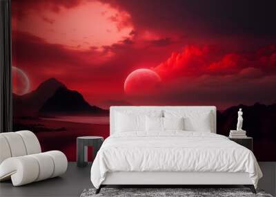 A surreal twilight landscape with two moons over a crimson sea and dark rocky shores at dusk Wall mural