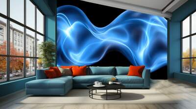 Abstract blue light waves on a black background creating a sense of movement and fluidity in digital art Wall mural