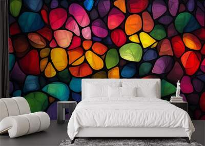 Abstract colorful mosaic pattern with vibrant shapes and textures creating a lively visual display in a dark background setting Wall mural