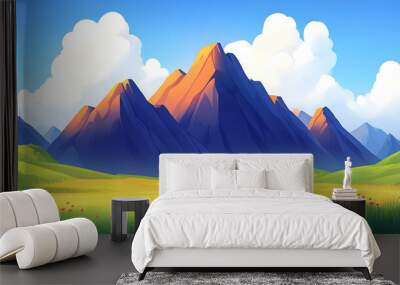 Serene landscape featuring majestic mountains and vibrant green meadows under a bright blue sky during daytime Wall mural