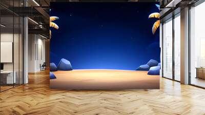 Tropical beach landscape at night featuring palm trees, rocks, and a starry sky in a serene, picturesque environment Wall mural