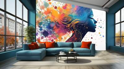 woman girl in meditation with hair silhouette watercolor made of color splash love. Composed of human profile and colorful lines.  Wall mural