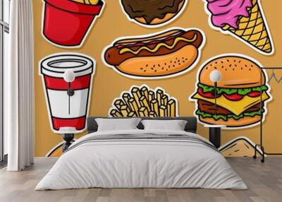 sticker set fast food cartoon vector Wall mural