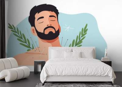 A calm man experiencing acupuncture therapy, surrounded by soothing greenery, representing relaxation and wellness. Wall mural