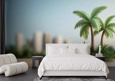 A serene view of two palm trees with a blurred cityscape in the background, perfect for nature and urban lifestyle themes. Wall mural