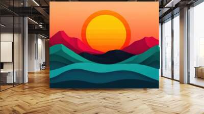 Abstract landscape with sunset and mountains. Wall mural